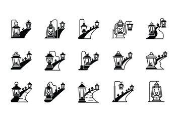 Vector illustration of vector art of black and white illustration set of various street lamps