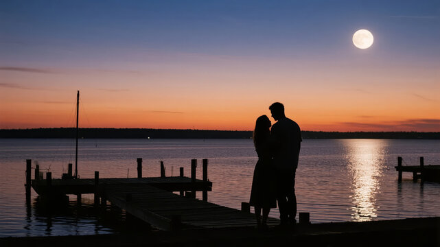 Qixi Festival couple at the pier enjoying the moon romantic silhouette love background
