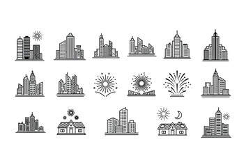 Vector illustration of vector art of city and celebration icons set with buildings and fireworks
