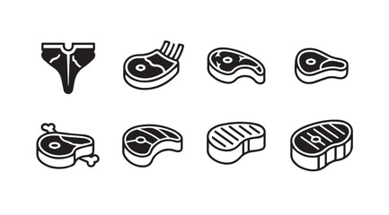 Collection of various delicious raw meat cuts and steaks in isometric 3d style icon set vector