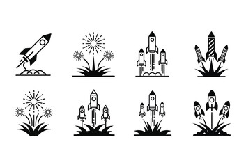 Vector illustration of vector art of black icons of rockets, fireworks, and buildings