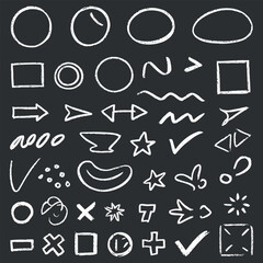 Hand drawn chalkboard symbols arrows shapes and checkmarks collection vector