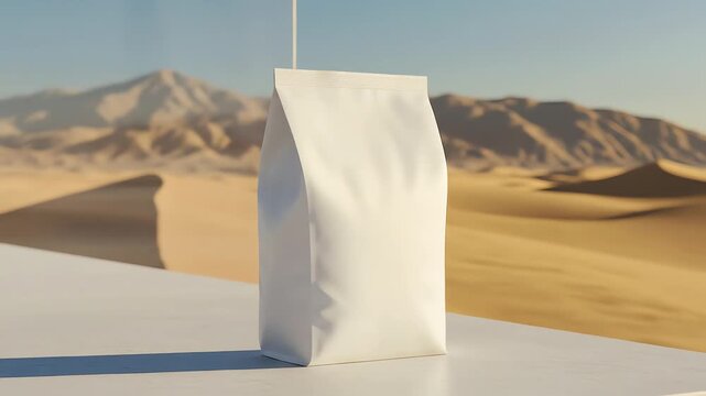 Blank White Gusseted Stand-Up Bag in Desert Landscape at Sunset, Product Packaging Mockup. 
