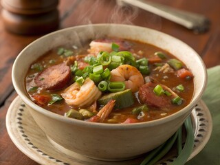 Hearty bowl of shrimp and sausage gumbo steaming hot