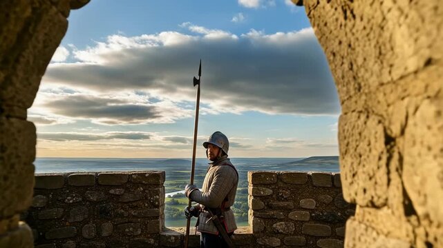 Medieval warrior stands guard on fortress wall during sunset, overseeing the vast landscape