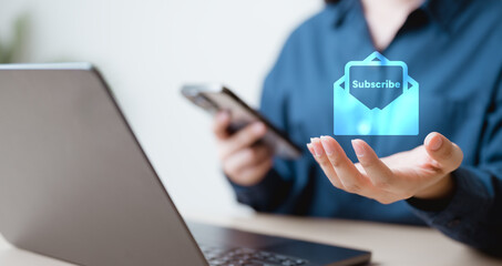 newsletter, signup, form, email, Person holding smartphone and laptop with digital newsletter subscribe icon, representing signup form, email marketing, lead generation, and online promotion.