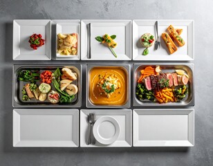 Gourmet Catering Display Featuring Carrots, Potatoes, Greens, and Sausage
