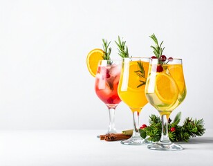 Fototapeta premium Holiday Cocktails with Orange, Cranberry, and Rosemary on White Background 