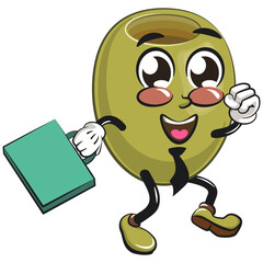 cute green olive mascot cartoon character isolated vector illustration wearing a tie and carrying a suitcase rushing to the office, work of hand drawn