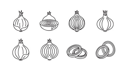 Collection of hand drawn onion icons representing whole halved and sliced onions vector
