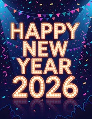 Marquee light style Happy New Year 2026 text with dark background and colorful confetti
