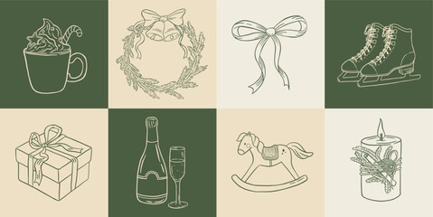 Hand draw vintage Christmas decoration set. Doodle gift box, champagne, wreaths, gift box, latte, candle, toy, ice skating vector illustration. New Year greeting card, invitation, social media