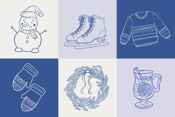 Hand draw vintage Christmas set with wreaths, snowman, mulled wine, mitten, ugly sweater, ice skating vector illustration. Doodle winter holiday clipart