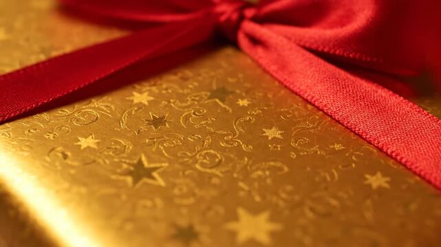 Close-up on Golden Christmas Gift With Red Ribbon and Star Pattern