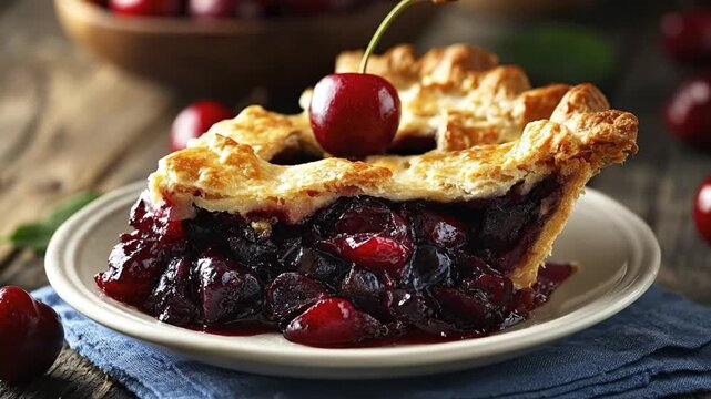 A tempting slice of fruit pie, featuring a golden, flaky crust and a rich, glistening cherry filling, is perfectly showcased on a white plate. A single fresh cherry with its stem adorns the top, enhan