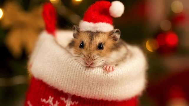 Hamster Wears a Santa Hat Inside a Christmas Stocking Next to a Tree at Night