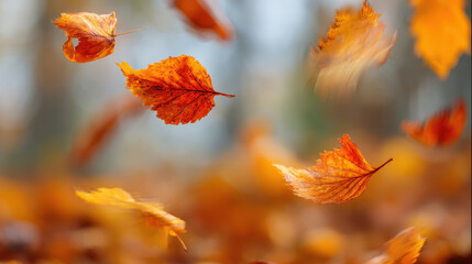 Autumn leaves gracefully falling, creating vibrant and dynamic scene with warm orange and yellow hues. blurred background adds depth and motion, capturing essence of fall