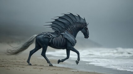 Fototapeta premium Majestic creature galloping along a misty beach, powerful sea horse with skeletal accents and dramatic flair for book covers or fantasy art prints