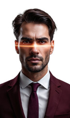 A visionary man in dark burgundy, his eyes reflecting a future full of brand collaborations as glowing rings of success