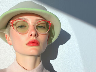 Stylish woman in mint hat and translucent sunglasses poses against bright light. A soft editorial portrait with a modern minimalist vibe.