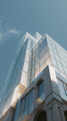 Obraz premium Modern glass building with classical architectural base against blue sky in an upward angle view.