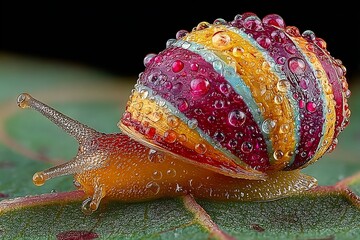 Stunning close-up of a colorful snail shell glistening with water droplets, a vibrant nature scene perfect for science, education, or whimsical design projects