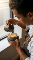 A barista meticulously pours steamed milk into a cup of coffee, creating latte art.