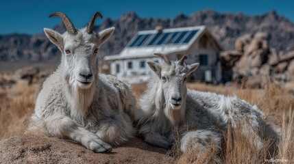 Fototapeta premium Serene Mountain Goats Resting on Rocks in Majestic Rocky Landscapes Under Clear Blue Sky