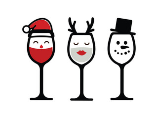 Festive Holiday Cheer Wine Glasses Featuring Santa, Reindeer and Snowman Designs in a Whimsical Vector Art