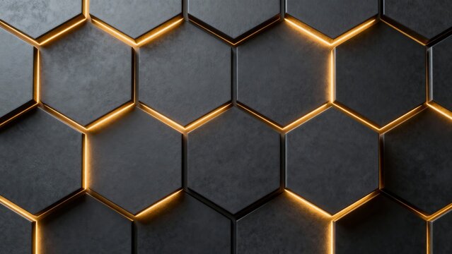 A modern, geometric pattern featuring interconnected hexagons with glowing edges on a dark, textured surface.