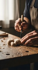 A craftsman's hands carefully carve a small wooden object on a workbench, surrounded by wood shavings.