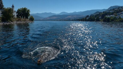 Dog joyfully leaps into shimmering lake water under a clear blue sky, mountains in the distance, creating a captivating scene for outdoor adventure campaigns