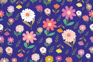 Seamless Colorful Floral Pattern with Hand-Drawn Flowers on Blue Background