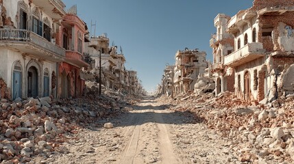 Desolate Urban Landscape After Destruction with Rubble and Crumbled Buildings Under Clear Sky