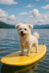 A Joyful White Dog Stands Confidently on A Yellow Surfboard, Enjoying A Sunny Day on A Serene Lake. The Background Features Majestic Mountains And A Blue Sky With Fluffy Clouds ...