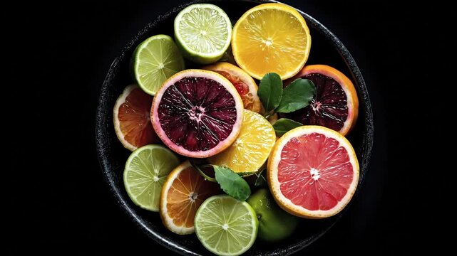 A vibrant and appetizing overhead shot showcases a beautiful arrangement of freshly sliced citrus fruits against a striking dark background. The colorful medley includes bright green limes, radiant ye