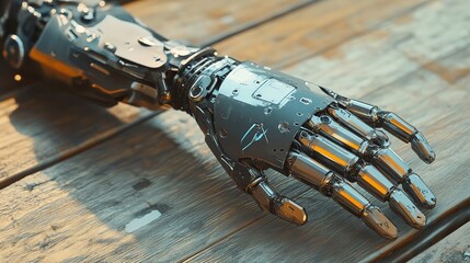 Robotic hand: A futuristic metallic limb lying on weathered wood, symbolizing technological progress.
