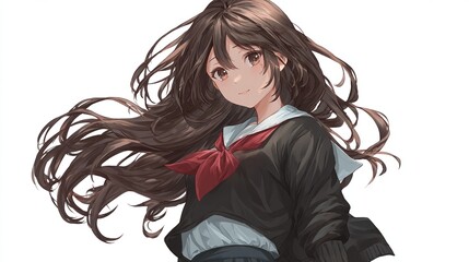 Anime girl with flowing brown hair, wearing a dark school uniform with a red tie, and a gentle smile