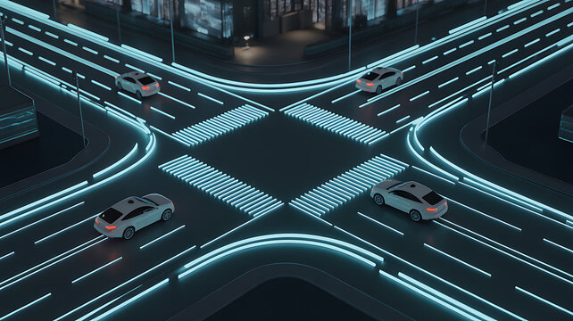 Futuristic City Intersection at With Cars on Glowing with Information. Neon Grid Lines and Digital Pathways Visualization of Data Transfer. Autonomous Cars Navigate the Complex Traffic System.