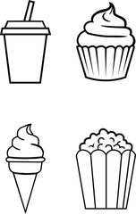 Simple line art icons of sweet treats and beverages for design projects and food related concepts