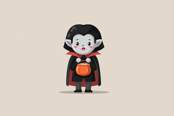 Cute cartoon vampire with a cape and pumpkin candy bucket, smiling, vector illustration, flat design, halloween theme