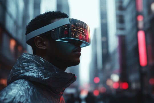 Futuristic VR headset on a person amidst a neon city, showcasing advanced augmented reality and immersive urban tech.