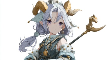 An anime-style character with light purple hair, wearing a horned headdress, holding a staff
