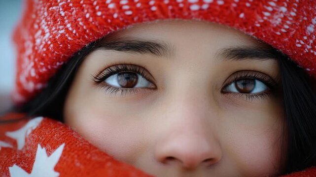A close-up portrait of a woman wearing a red hat and scarf, looking directly at the camera