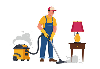 Illustration of a man vacuuming a floor with a yellow vacuum cleaner.