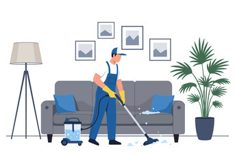 Man cleaning sofa with vacuum cleaner in living room, vector illustration.