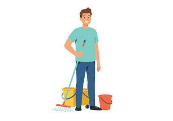 Man with mop and buckets ready to clean.