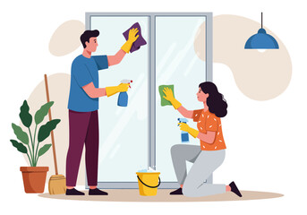 People cleaning a window with spray and cloth, wearing gloves.