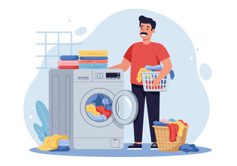 Man doing laundry with washing machine and basket of clothes illustration.
