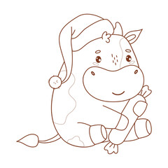 Outline Cute Christmas Little Cow in Santa hat with Candy. Funny New Year Kawaii Animal. Line drawing, coloring book. Vector illustration. Kids collection. Not AI